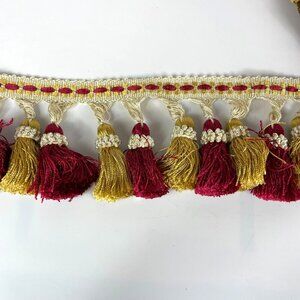 Silk 4 Yards Red & Gold Tassel Trim Embroidered Cream Band For Crafts & Decor